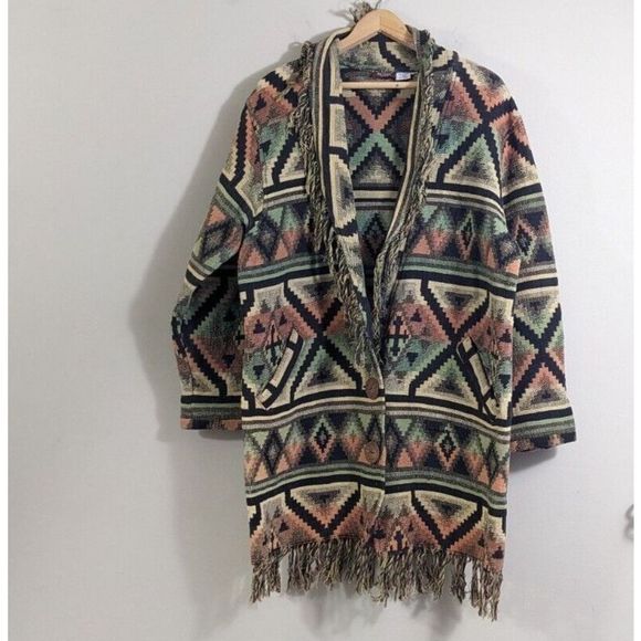 Southwestern Tapestry Blanket Cardigan Jacket Sweater - Size Medium Vintage - Picture 1 of 16